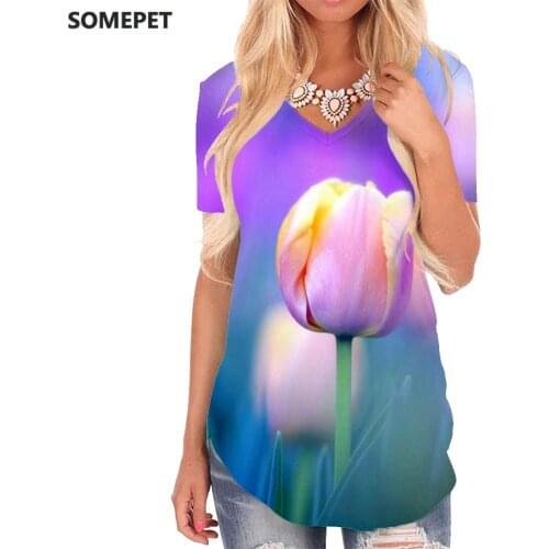 SOMEPET Flower T Shirt Women Tulip Funny T shirts Purple V-neck Tshirt Womens Clothing Punk Rock Cool Style High Quality