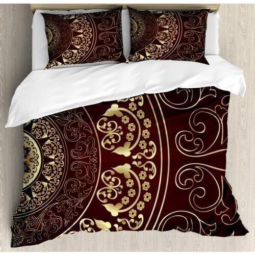 Mandala Duvet Cover Set Vintage Cosmos Pattern with Swirled Floral Leaves Artwork Decorative 3 Piece Bedding Set with 2 Pillow