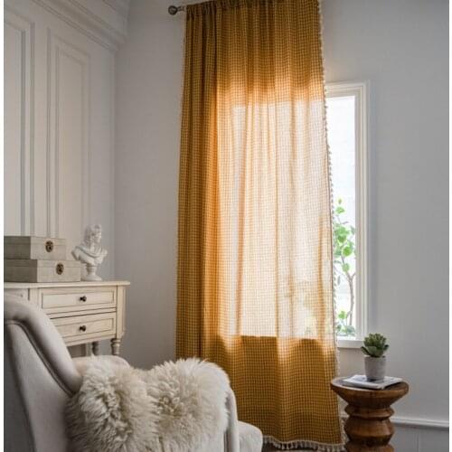 Cilected Korean Retro Yellow Grid Fringed Lace Curtains Semi-Shading Bedroom Rod Curtains Home Decoration Floating Curtains