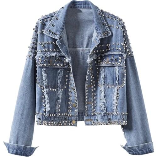 NEWDISCVRY High Quality Jeans Jacket Hand Studded Rivet Denim Jacket Women Loose Short Jackets Ladies Basic Coats Streetwear