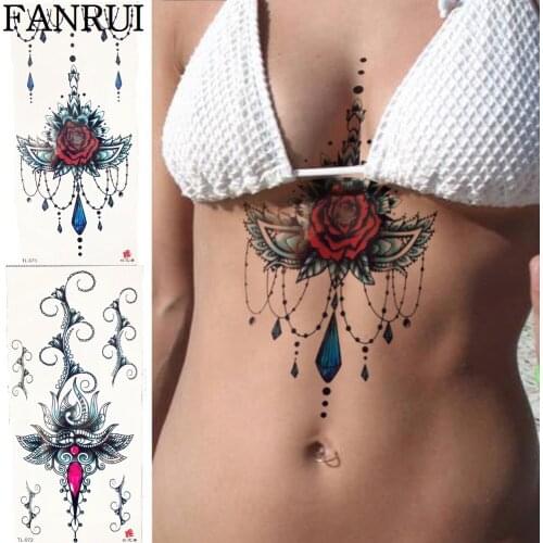 Summer Bracelet Breast Temporary Tattoo Stickers Pendant Girl Chest Neck Flash Tatoos Women Chains Makeup Fake Tattoo Flower