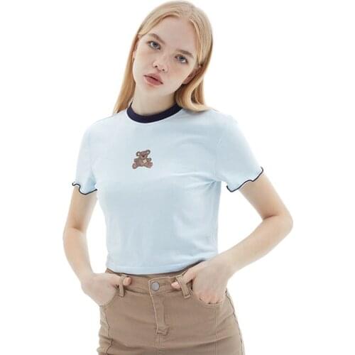 Summer Slim Short Round Neck Short Sleeve Kawaii Cartoon Bear Print T-shirt Crop Tops Tee For Girls N0700