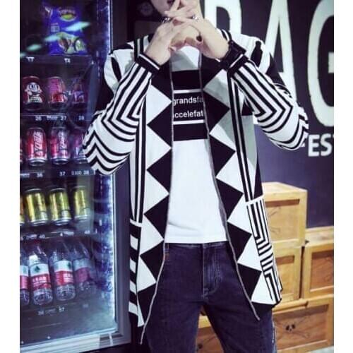 Mens Knit Sweater Long Slim Fit Open Cardigan Coat Pattern Korean