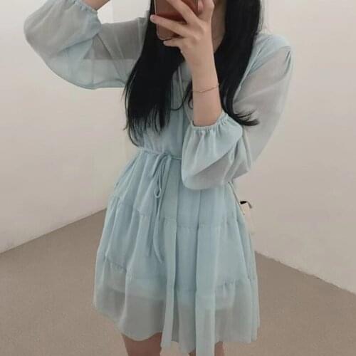 New Elegant Sweet Lace Waist Korean Chic WomenS Dress 2021 Summer Dress Long Sleeve Chiffon Solid Dresses Short Dress Female