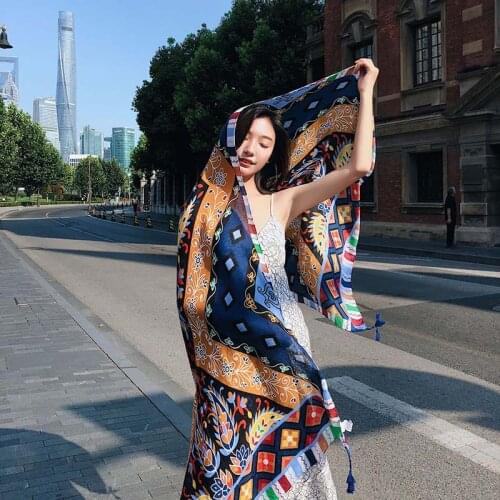 New Ethnic Wind Scarf Female Tassel Printing Large Shawl Spring and Summer Travel Scarf Seaside Holiday Sunscreen Beach