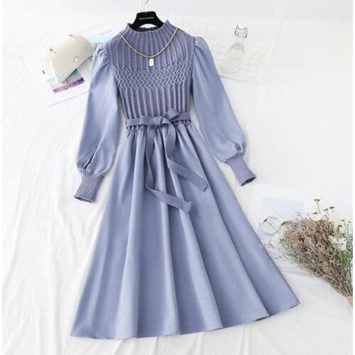 Korean Vintage Puff sleeve Knitted Dress Woman Autumn winter 2021 New Fashion A-line Slim Print Bottoming Dress Elegant Vestidos