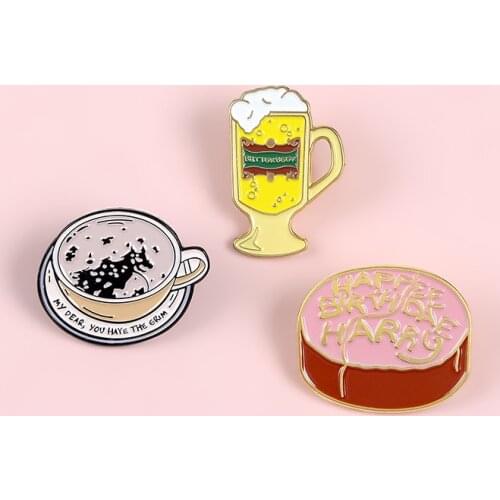 "Happy Birthday" Cake Beer Coffee Food Lapel Pins Gifts Badges Lovely Brooches For Women Accessories Celebrate Party Jewelry