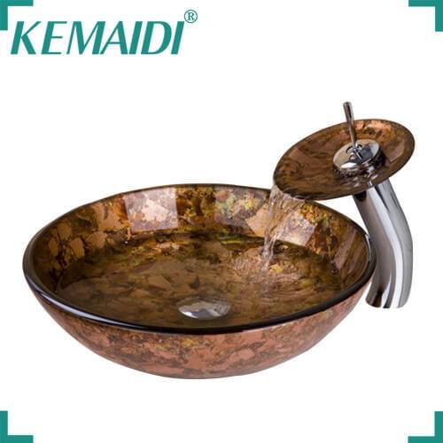 KEMAIDI Hand Painting Washbasin Lavatory Tempered Glass Sink Faucet Combo Brass Faucets Mixers & Taps Countertop Vessel Vanity