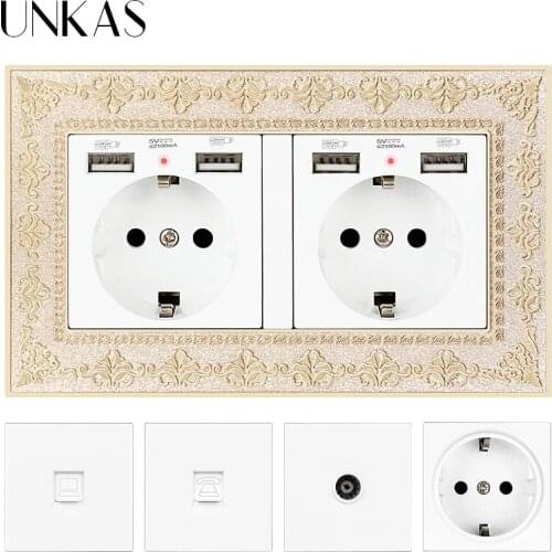 UNKAS EU / French Socket With Dual USB Port + TV RJ11 Telephone RJ45 Internet Computer Jack 146mm * 86mm 4D Zinc Alloy Panel