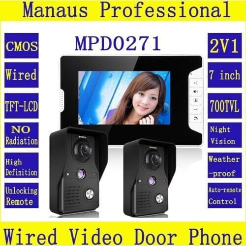 Black 7 inch TFT Color Screen Video Door Phone Doorbell Intercom Kit 2- NightVision cameras 1- monitor 2V1 Doorphone System D271