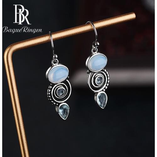 Bague Ringen vintage 925 Sterling Silver Earrings with Blue Topaz Drop Dangle Earrings For Womens Gift Party Jewelry