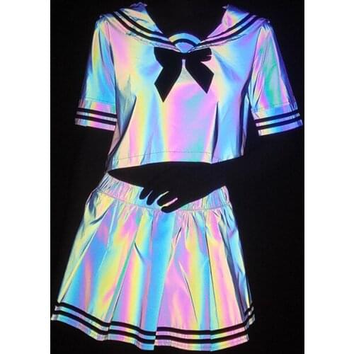 Colorful Reflective Sailor Suit Feminine Cute Uniform Set Japanese T-shirt Pleated Skirt Laser Set