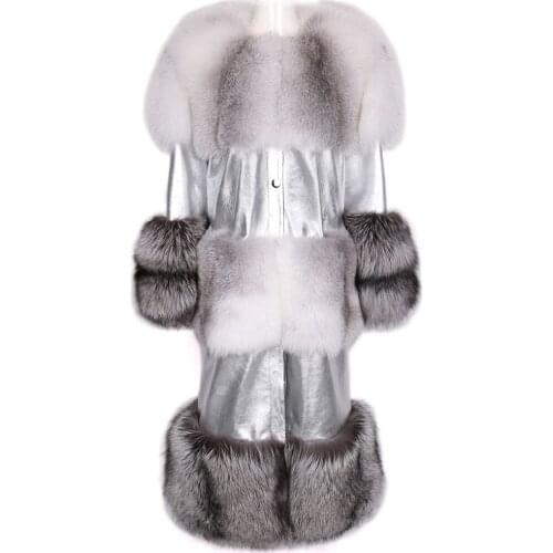 YOLOAgain women patchwork long real fox fur coat ladies natural sliver fox fur jacket