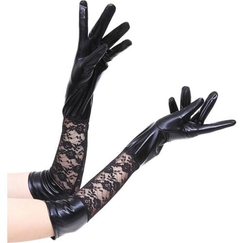 Lady sexy lace leather gloves female patchwork heard shaped hole costumes party bar handwear floral spliced black red mittens
