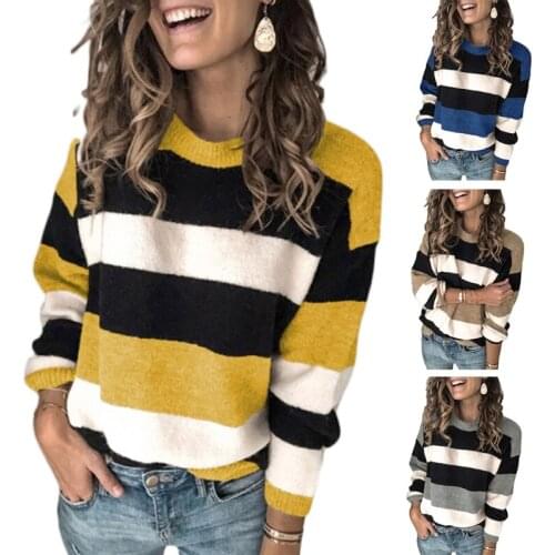 Women Autumn Long Sleeve Round Neck Sweater Contrasting Color Stripes Loose Pullover Tops Casual Knitted Rib Trim Jumper Shirts