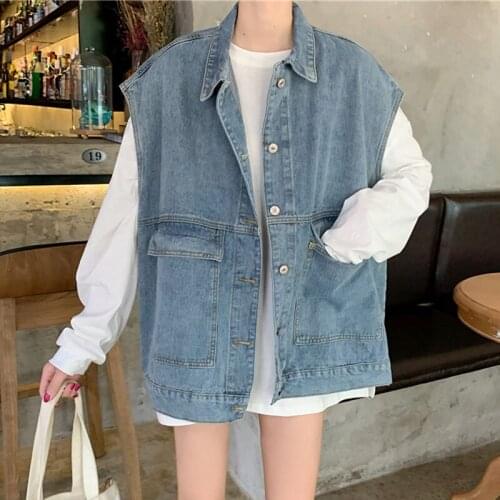 Oversized Denim Vest Women Waistcoat 2021 Spring Fashion Korean Version Student Big Pocket Jeans Sleeveless Jacket Coat Female