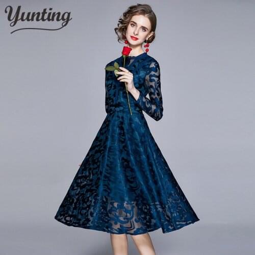 Autumn Lace Dress Work Casual Slim Fashion O-neck Sexy Hollow Out Blue Dresses Women A-line Vintage Vestidos