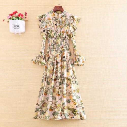 New Spring And Summer Printing Flowers Dress Ethnic Style Retro Elegant Slim Lotus Leaf Bow Long Sleeve A-line Party Dress S-XXL