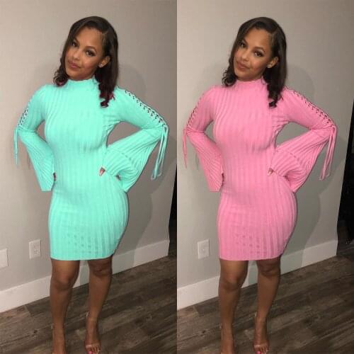 2021 Summer Half High Collar Long Flare Strings Sleeve Short Mini Bodycon Dress Women Bandage Party Casual Knitted Dresses