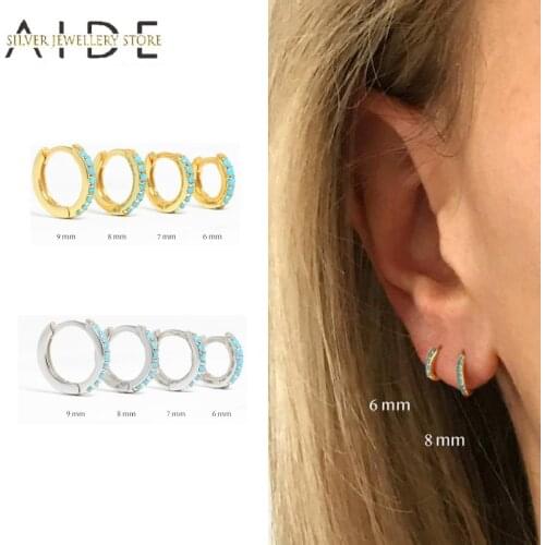 AIDE 1 Pair 6/7/8/9mm Round Hoop Earrings for Women Fashion Turquoise Pave Pierced 925 Sterling Silver Earings Jewelry brincos