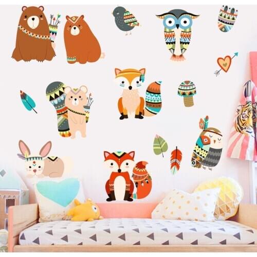 Indian Fox Lion Giraffe Elephants Wall Stickers Removable Cartoon Animal Wall Decals For Nursery Kids Room Bedroom Home Decor