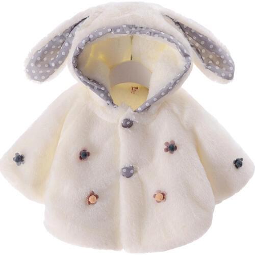 Kids New Baby Girls Rabbit Bunny Ear Hooded Coat Warm Jacket Fur Outwear winter top with small flower Toddler Clothing CT051