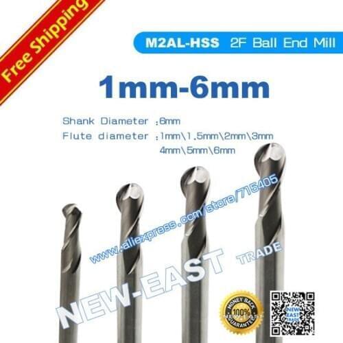 For 1lot(35pcs) dia 6mm M2AL-HSS 1mm 1.0mm 1.5mm 2mm 3mm 4mm 5mm 6mm 6.00mm 2 Flutes Ball Cutter Nosed End Mill