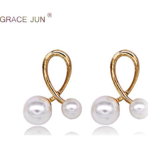 GRACE JUN New Arrival Double Pearl Clip on Earrings No Pierced for Women Party Wedding Charm Jewelry Clip Earrings Wholesale
