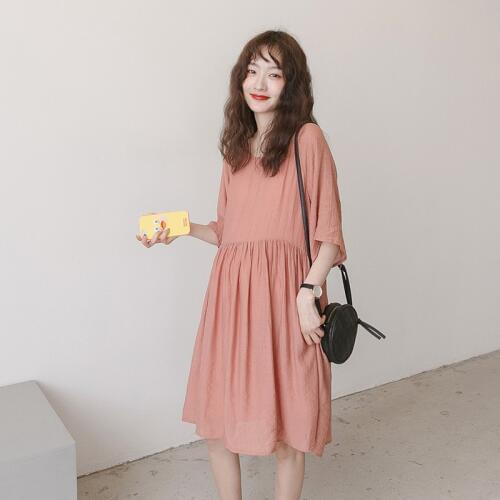 Summer Maternity Solid Color Dresses Expectant Mother Round Neck Dress Pregnant Women Loose Half Sleeve Dress Pregnancy Clothes