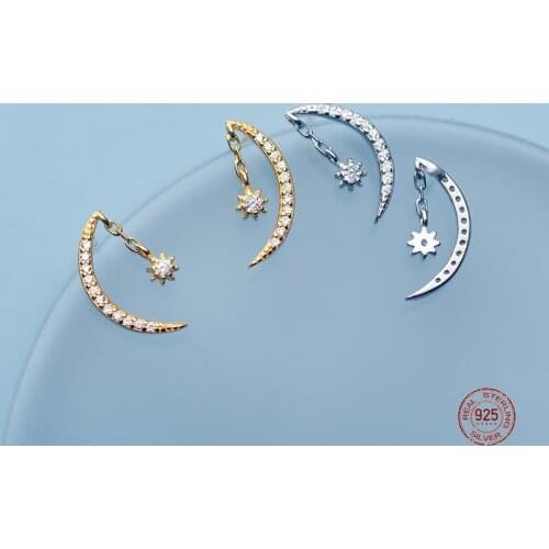 LKO 925 Sterling Silver Sweet Moon Stars Micro Inlay Zircon Stud Earring Love Gift For Women Girl Friends Jewellery Ornaments