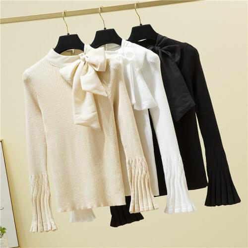 Fashion Scarf Collar Fall Elegant Pullovers New Lace Up Bow Chic Sweater 2021 Solid Stretchy Slim Office Lady Knitted Jumpers
