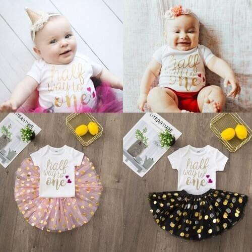 Half Way To One Birthday Party Dress Tutu Cake Outfits Infant Baby Girls Pink Cute Set Summer Short Sleeve Clothes Suit 0-12M
