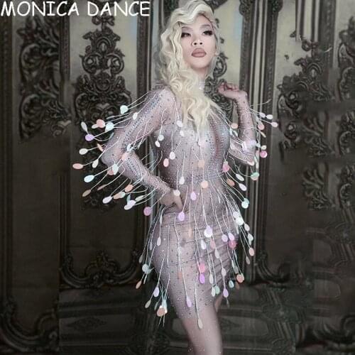 Sexy Stage Sequin Tassel Rhinestone Short Dress Women Celebrity Party Nightclub Djds Dress chic Sexy Singer Stage Costume