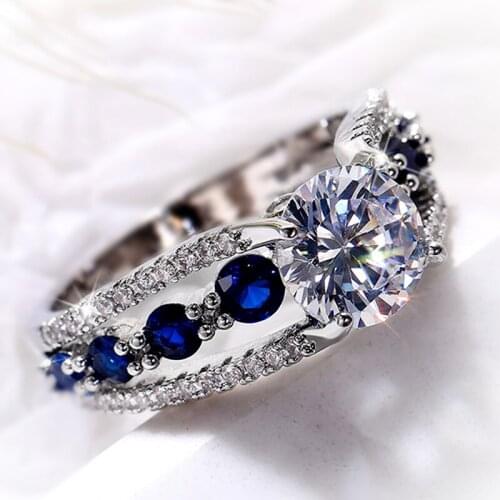 Luxury Jewelry Special-interest Wedding Rings Women Blue/White Round CZ Novel Designed Female Party Ring Temperament Gift