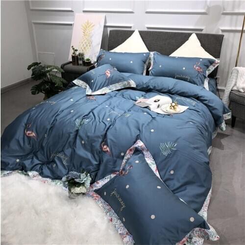 Luxury Royal blue 100S Egyptian cotton Embroidery Bedding sets Queen King Wedding Duvet cover Bed sheet set Pillowcases 4pcs New