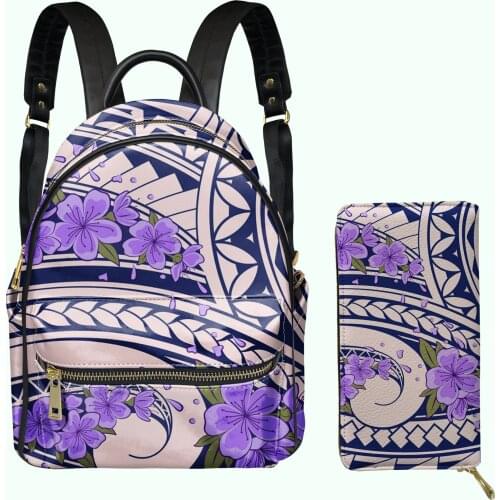 Fashion Polynesian Plumeria Design Womens Mini PU Backpack Clutch Wallet 2pcs/Set Girls Small Schoolbag Female Luxury Satchel