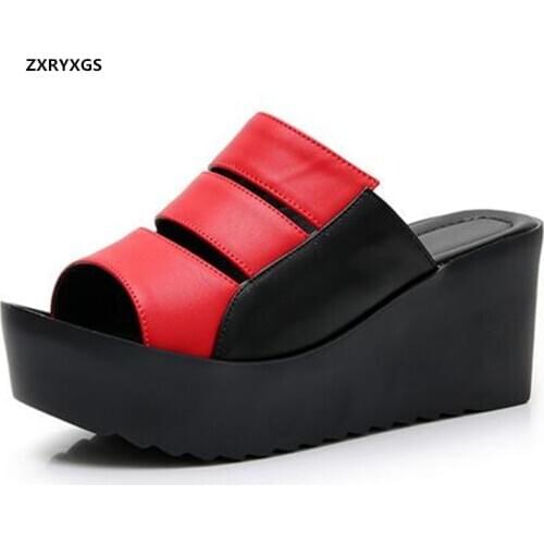 2021 New Summer Open Toe Spell Color Genuine Leather Slippers Womens Sandals Thick Bottom Non-slip Wedges Slippers Women Shoes