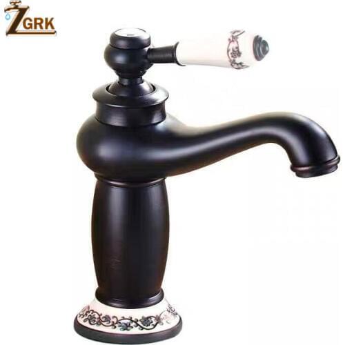 ZGRK Basin Faucets Black Brass Bathroom Sink Faucet Ceramics Single Handle Hole Deck Mount Washbasin Hot And Cold Mixer Tap