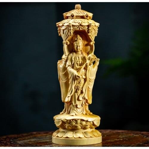 15CM Buddha Statue Boxwood Statue Carvings Three Face Guanyin Sculpture Living Room Solid Wood Decoration Home Decor