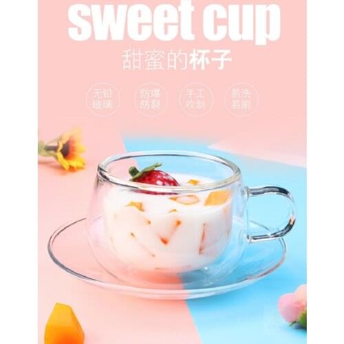 European Style Glass Heat Insulation Afternoon Tea Coffee Double Cup Heat Preservation Milk Handle WithSpoon Mugs Saucer Combin