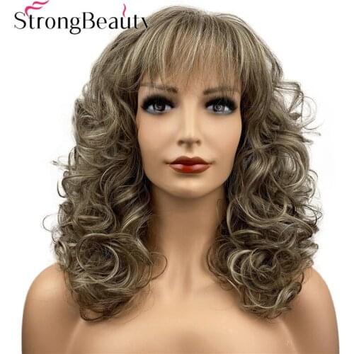 StrongBeauty Womens Curly Synthetic Wigs With Bangs Heat Resistant Hair Light Brown with Blonde Highlights