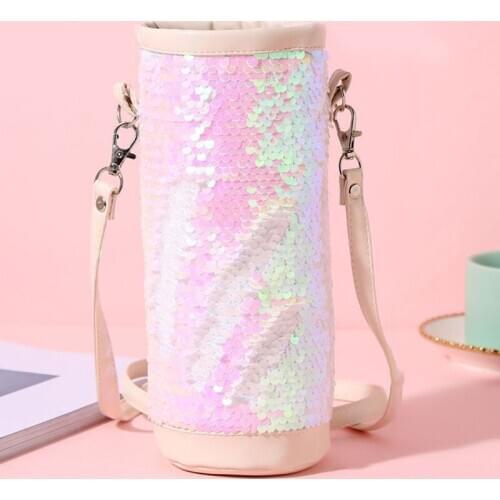 Water Bottle Carrier Insulated Cover Bag Sequin Holder Shoulder Strap Pouch