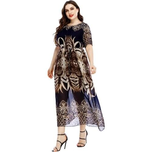 Thin Womens Summer Dress Print L To 4XL Plus Size Long Dresses O-neck Short Sleeve Casual Robes T2061