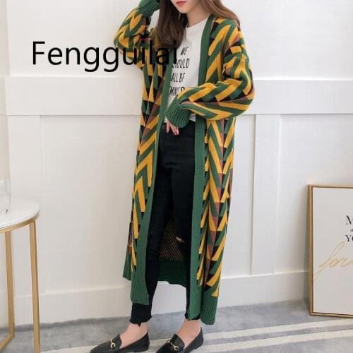 Women Long Sweater Cardigans 2020 Autumn Winter Long Sweater Jacket Geometric Knit Cardigans Long Overcoat Winter Coat Woman