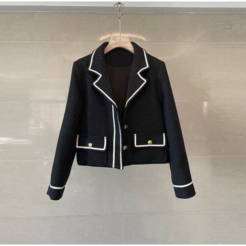 Notched Collar Tweed Jackets Coat Women Pockets Golden Buttons Long Sleeve Woolen Outwear Black Blazer Jacket Luxury C909