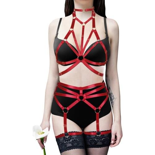 Punk Women Body Harness Suspenders Exotic Accessories Sexy High Neck Tops Bra Straps Erotic Lingerie Leg Bondage Garter 2PCS Set