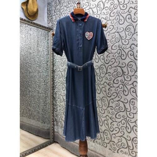 High Quality Denim Dress 2021 Summer Style Women Turn-down Collar Sweetheart Embroidery Short Sleeve Casual Blue Jeans Dress