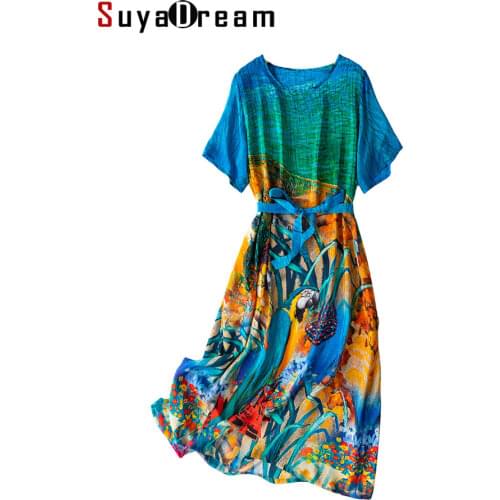 SuyaDream Woman Floral Dress 100%Silk Crepe Short Sleeves O neck Printed Sashes Midi Dresses 2021 Spring Summer Dress Blue