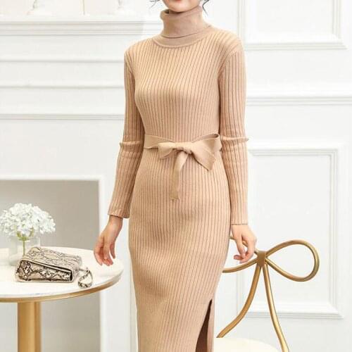 Long Sleeve Maxi Sweater Dress with Belt 2020 Elegant Casual Autumn Winter Turtleneck High Waist Knitted Midi Dresses women c83