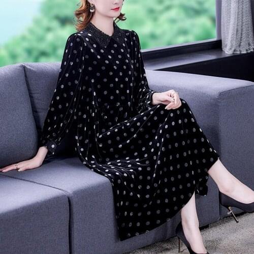 Autumn Winter Black Elegant Gold Velvet Dress Women Korean Vintage Loose Polka Dot Midi Dress 2021 Bodycon Casual Party Vestidos